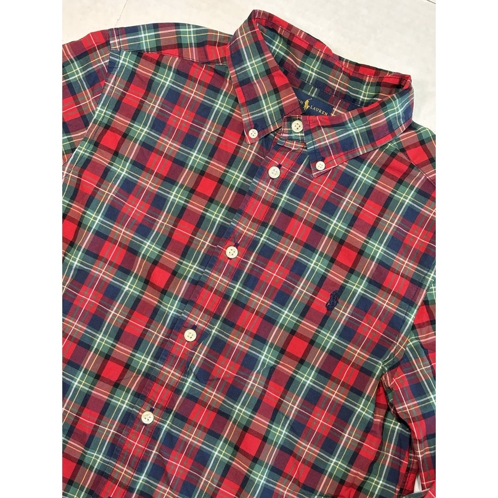 Ralph Lauren Plaid Button Down Shirt Youth L 14-16 Blue Green Red Pony Logo